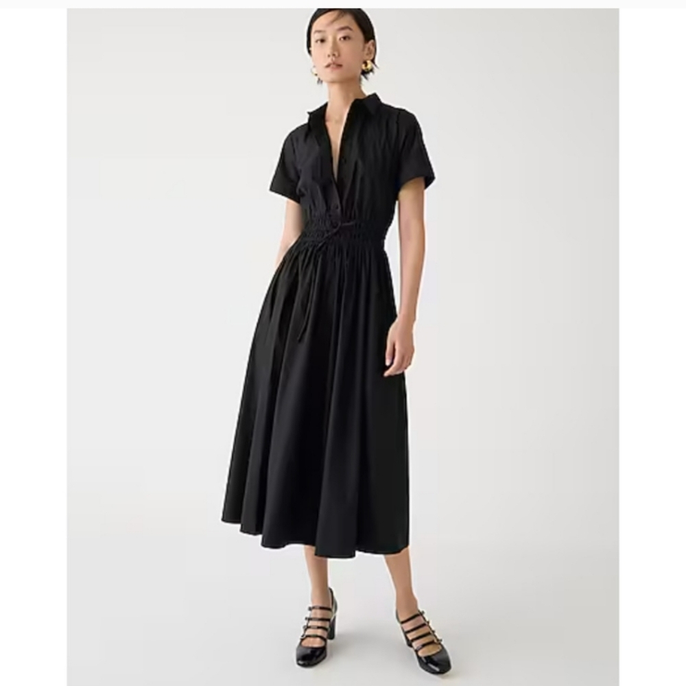 J. Crew Elena Black Midi Shirred-Waist Shirt Dress